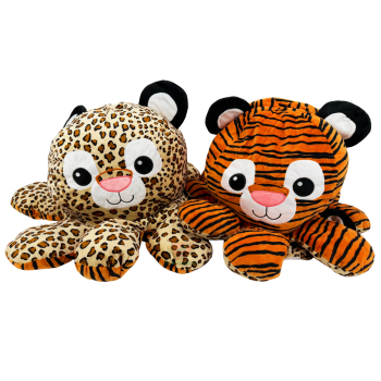 Oktopus Wendeplüschtier Ø ca. 63 cm mit Leopard- und Tiger-Motiv, das durch Wenden zwischen Flecken- und Streifenlook wechselt.